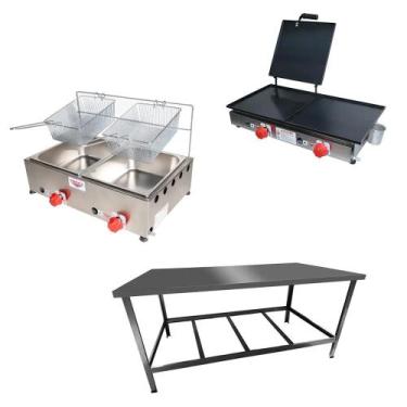 Imagem de Kit Lanchonete Mesa de Manipulação 120x55cm + Fritadeira a Gás 2 Cuba 