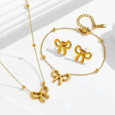 Imagem de Conjunto de joias com laço de ouro para mulheres, colar, brincos, pulseira, laço, pingente, presentes de Natal, presentes de amizade, presentes para mulheres, dia dos namorados, Medium, Latão, Sem