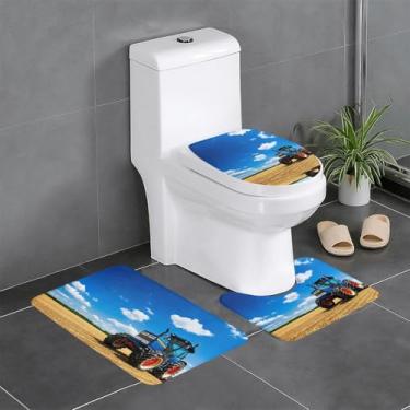 Imagem de ZERAOKE Fantasy Farm Tractor - Conjunto de tapetes de banheiro com estampa de 3 peças - tapetes de flanela antiderrapantes, secagem rápida e almofada de vaso sanitário em forma de U para banheira