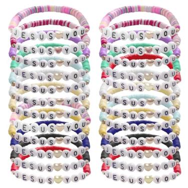 Imagem de poosenniol 24 pulseiras Jesus Loves You Pulseiras de amizade a granel joias cristãs presentes de Páscoa para mulheres homens presente religioso inspirador, Resina