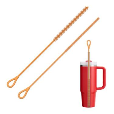 Imagem de Escova de limpeza de palha de silicone, 2 peças de escovas de palha reutilizáveis extra longas para limpeza de copo com alça e canudos de smoothie de metal de vidro, alças antiderrapantes macias