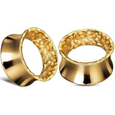Imagem de LADEMAYH 2 tampões de ouvido com design martelado, calibres de túneis de 12 mm dourado com alargamento duplo, calibre de sela para orelhas, aço inoxidável cirúrgico hipoalergênico 316L, joia corporal