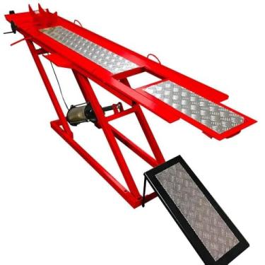 Imagem de Rampa Pneumática para Motos, 250kg, Vermelha, 1 Pistão, Aço Reforçado, com Trava de Roda e Sistema de Segurança