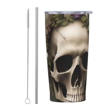 Imagem de Zeraoke Caneca com tampa de palha de aço inoxidável com estampa de flores de caveira de 590 ml, caneca de canudo de carro, mantém as bebidas frias para escritório, casa, funciona muito bem para