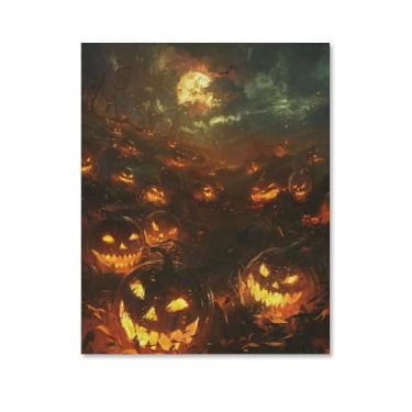 Imagem de HouLaiZhe Impressão de arte de parede em tela de terror com chama de abóbora de Halloween decoração de parede estética gótica para sala de estar quarto 11 x 14 polegadas (28 x 35 cm)