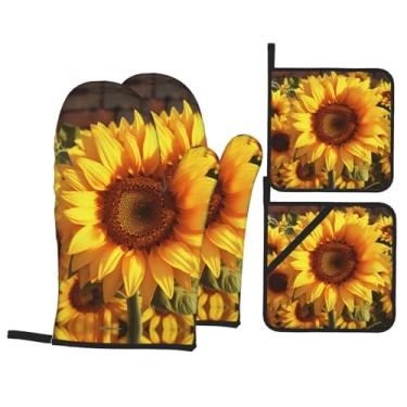 Imagem de Girassol amarelo - Conjunto de luvas de cozinha estampadas com suportes de tampa, luvas de forno resistentes ao calor para manusear panelas quentes, grelhar, churrascos, kit de 4 peças.