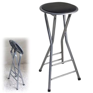 Imagem de uhyOHF Banqueta dobrável para uso externo/interno, banco de bar adulto de 61 cm com assento redondo acolchoado e estrutura de metal, cadeira portátil e costas nuas para bar doméstico branco (preto