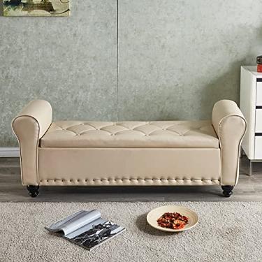 Imagem de FAMEOYA Banco otomano de armazenamento armado de couro PU, banco de armazenamento de braço enrolado em contemparório, banco de cama adornado moderno, banco de entrada, banco de madeira para sofá