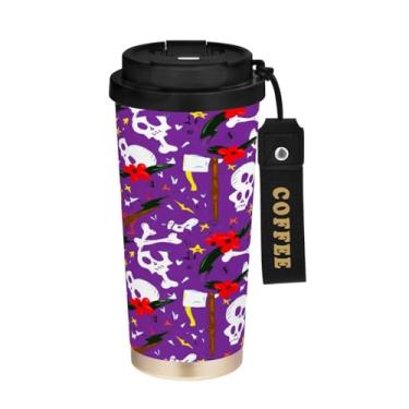 Imagem de STAYTOP Copo de café de aço inoxidável de 500 ml, caneca de café de viagem com isolamento de caveira fofa com tampa, xícara de café à prova de derramamento, copos portáteis reutilizáveis para bebidas