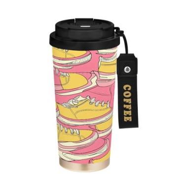 Imagem de STAYTOP Caneca de café de viagem com isolamento térmico de desenhos animados coloridos de 500 ml, copo de café reutilizável de aço inoxidável com tampa flip à prova de vazamento à prova de vazamento