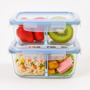 Imagem de Kit 2 Potes de Vidro Herméticos 640ml com Divisória – Tampa com 4 Travas, Vidro Borossilicato, Livre de BPA, Para Marmita, Freezer e Micro-ondas
