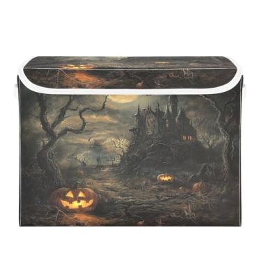 Imagem de CEBUGI Caixotes de armazenamento com tampas, caixa de armazenamento de tecido dobrável, abóboras assustadoras e organizadores de cubo de casa para prateleiras de armário de casa 40 x 30 x 30 cm