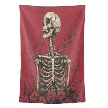 Imagem de STAYTOP Tapeçaria de parede de caveira e rosa vermelha para decoração de casa, decoração de dormitório, sala de estar, quarto, tapete de parede (60 × 51 pol.)