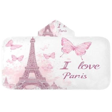 Imagem de Burbuja Torre Eiffel Toalha de banho com capuz borboletas rosas para crianças, toalha de praia de pelúcia macia absorvente para chá de meninas e meninos 3-10 anos, 61 x 127 cm