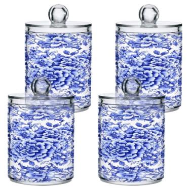 Imagem de STAYTOP 4 peças de frascos de boticário de flores azuis retrô para banheiro com etiquetas - recipiente de armazenamento Qtip de plástico transparente para bola de algodão, cotonete, grão de café