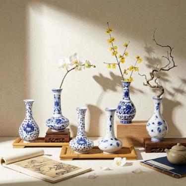 Imagem de LemonRoad 6 peças de vasos de porcelana azul e branco 14 cm de altura, mini chinoiserie clássico, vaso de flores de cerâmica para decoração de casa, escritório, festa e eventos (clássico)