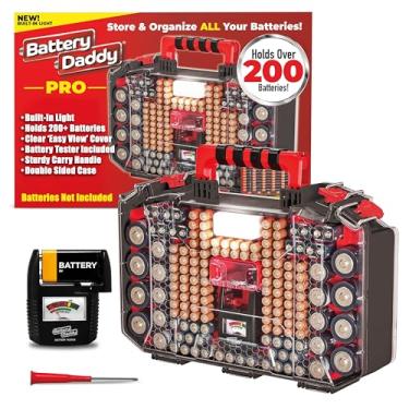Imagem de Battery Daddy Estojo de armazenamento e organizador com luz e testador, armazena e protege mais de 200 baterias, dupla face, design durável com tampa de bloqueio transparente, travas seguras e alça de
