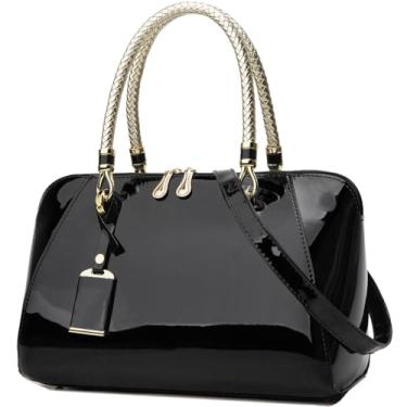 Imagem de XingChen Bolsa feminina brilhante de couro envernizado tamanho grande bolsa de ombro brilhante bolsa de ombro bolsa de festa, Preto, One Size