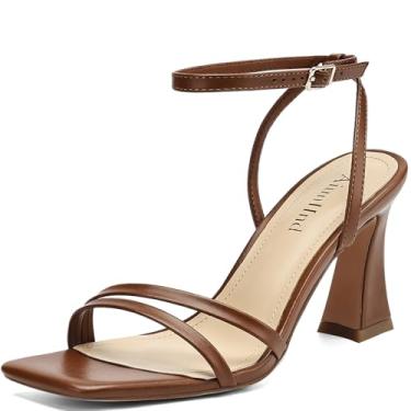 Imagem de AIUNIIND Sandálias femininas de salto alto, quadradas, abertas, com tira no tornozelo, salto social de 7,6 cm, confortável, Marrom claro, 40