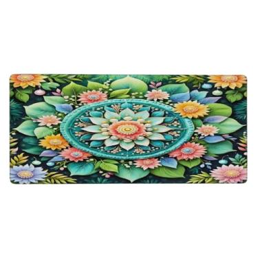 Imagem de Tapete de rato grande com flor de mandala verde à prova d'água, tapete protetor de mesa estendido para computador, base de borracha antiderrapante para escritório, computador, teclado, laptop e mesa