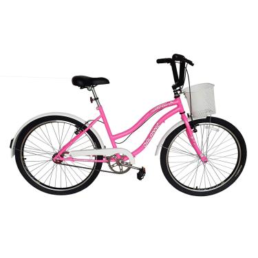 Imagem de Bicicleta Feminina 26 Beach Retrô Rosa Chiclete Monomarcha com Aros duplos, Pneus Slik, Paralamas e Cesta Branca - Dalannio Bike