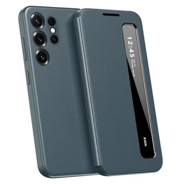 Imagem de LTLMYDAM Capa de couro para Samsung Galaxy S25 Ultra/S25 Plus/S25, Smart Wake Flip View Business Case Capa de proteção de lente de janela lateral, verde, S25 Plus
