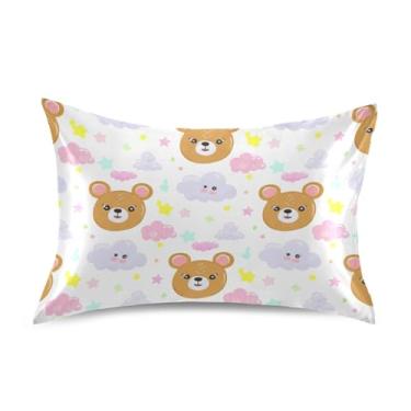 Imagem de Fronhas de cetim para cabelo King Queen padrão fronhas refrescantes casa sala de estar roupa de cama tamanho padrão 66 cm x 50 cm bonito desenho animado ursos nuvens branco