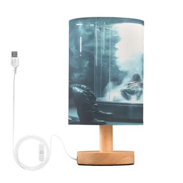 Imagem de Joisal Cientista futurista em máscara de gás lâmpada de mesa de cabeceira pequena abajur amigável para os olhos, abajur de mesa para quarto, itens essenciais de quarto