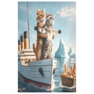 Imagem de Joisal Toalhas de prato de casa de fazenda para cozinha decorativo engraçado gato Titanic bonito toalhas de chá panos de prato panos de prato absorventes de secagem rápida 45 x 71 cm, 1 pacote