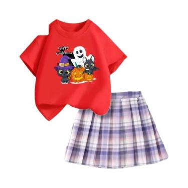 Imagem de Conjunto De Camiseta E Saia Xadrez Com Estampa De Gato Fantasma De Hal