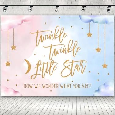Imagem de 2,1 x 1,5 m Twinkle Twinkle Little Star Pano de fundo revelador de gênero, nuvens azuis e rosa vinil pano de fundo para fotografia de menino ou menina, banner para decoração de festa de revelação de