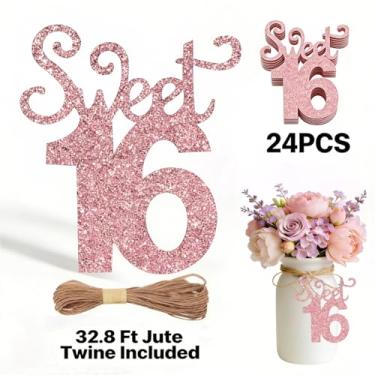 Imagem de ALISSAR 24 peças Sweet 16 etiquetas com barbante de juta de 32,8 metros para decorações doces de aniversário de 16 anos, kit de decoração de festa de 16º aniversário, decoração de pote de pedreiro