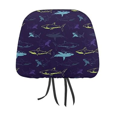 Imagem de Sem costura amarelo roxo turquesa nadando tubarões no escuro 2 peças capas de protetor de cabeça universal para assento de carro, capa macia para encosto de cabeça de carro, acessórios de decoração
