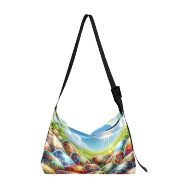 Imagem de GAIGEO Bolsa tiracolo de couro rosa vermelha preta com bolsa de ombro feminina, bolsa de ombro transversal, Ovos de Páscoa coloridos, One Size
