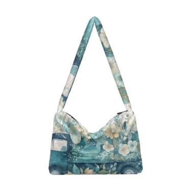 Imagem de Bolsa de pelúcia vermelha bege tricolor premium cinza aquarela, bolsa feminina, bolsa de ombro feminina, Caminhão romântico de primavera com flores coloridas, One Size