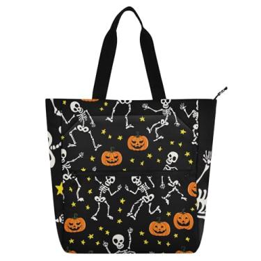 Imagem de GAIGEO Sacola feminina preta com esqueletos engraçados de Halloween para trabalho, lona, praia, escola, bolsas para professores com compartimentos