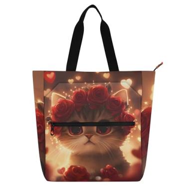 Imagem de GAIGEO Linda bolsa de trabalho feminina com coroa de flores de gato, bolsa de trabalho de lona com zíper, bolsa de praia, presente infantil para amantes de livros