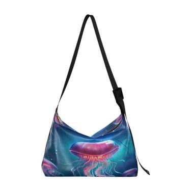 Imagem de Bolsa tiracolo de couro grande com folhas de limão, bolsa transversal de couro vegano, bolsa de ombro feminina, Água-viva azul no oceano com luzes neon - 2, One Size