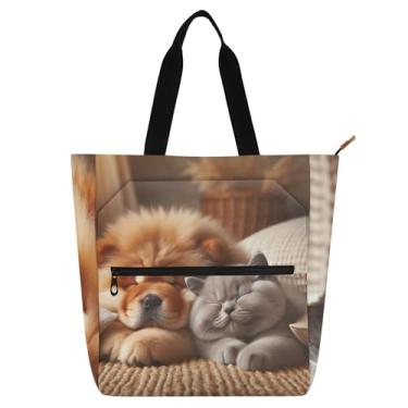 Imagem de GAIGEO Bolsa feminina Chow Chow Chow Dog Cute Cat Puppy para trabalho, lona, praia, livros, zíper, bolsas médias com compartimentos