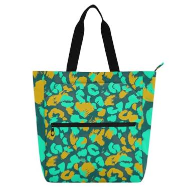 Imagem de Sacola feminina verde-azulado e amarelo leopardo para trabalho, lona, praia, livro, com zíper, bolsas para professores, presentes para amantes de livros