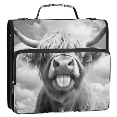 Imagem de Fichários engraçados Highland cinza vaca 3,8 cm 3 anéis com zíper organizador de fichários escolares bolsa com alça de ombro pasta colorida para portfólio de armazenamento com alça