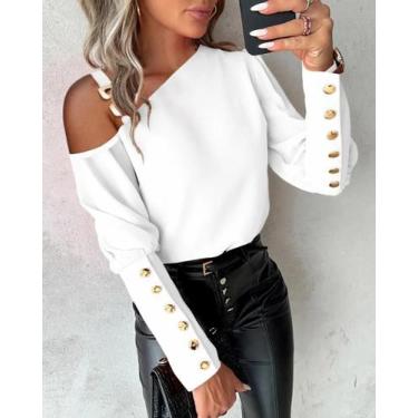 Imagem de Blusa Feminina Elegante Com Manga Lanterna E Botões, Gola O, Casual Pa