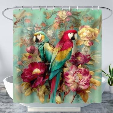 Imagem de AILONEN Linda cortina de chuveiro de periquito vermelho e verde para decoração de banheiro de crianças, meninas, tecido à prova d'água, peônia, aquarela, conjunto com ganchos, 183 cm L x 182 cm A