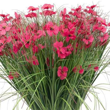 Imagem de Griine 12 feixes de grama de trigo artificial e caule de cebola com flores violetas, arbustos altos falsos resistentes a UV para vasos externos e decoração de casa (rosa vermelha)