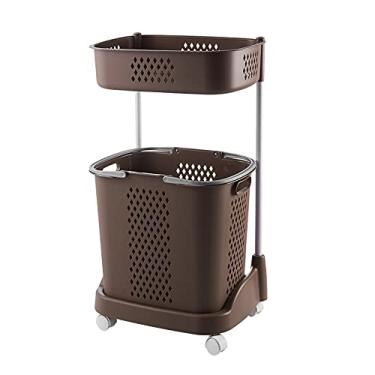 Imagem de TRGCJGH Cesto de roupa suja de camada dupla grande Cesto de armazenamento de roupa de plástico para banheiro Cesto de armazenamento multiuso com rodas, marrons