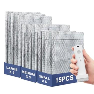 Imagem de Maraiss Pacote com 15 sacos de armazenamento a vácuo com bomba recarregável sem fio, sacos de vácuo de viagem com bomba, sacos de vedação a vácuo jumbo economizadores de espaço para roupas, edredons