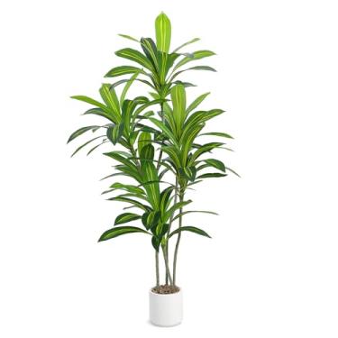 Imagem de Árvore Dracaena artificial 1,8 m de altura, planta de piso artificial realista para decoração de casa e escritório, vaso redondo branco com pedras decorativas – UPBUD
