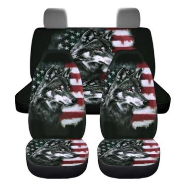 Imagem de ZIATUBLES Capas de assento de carro com estampa de lobo da bandeira americana Grunge, 4 peças, protetor de assento de carro, conjunto completo para decoração de interiores de carro dianteiro e