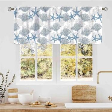 Imagem de TKUYO Valência de cozinha costeira, praia náutica, concha, estrela-do-mar, azul oceano, coral, verão, fazenda, bolso para varão, pequena janela, para café, sala de estar, quarto, armário, banheiro