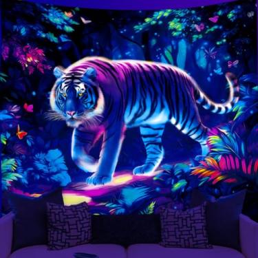 Imagem de WEBEEDY Tapeçaria de tigre animal luz negra neon tigre da selva pendurar na parede tapeçaria UV reativo brilha no escuro floresta animal luz negra pôster pano de fundo para quarto, sala de estar, sala